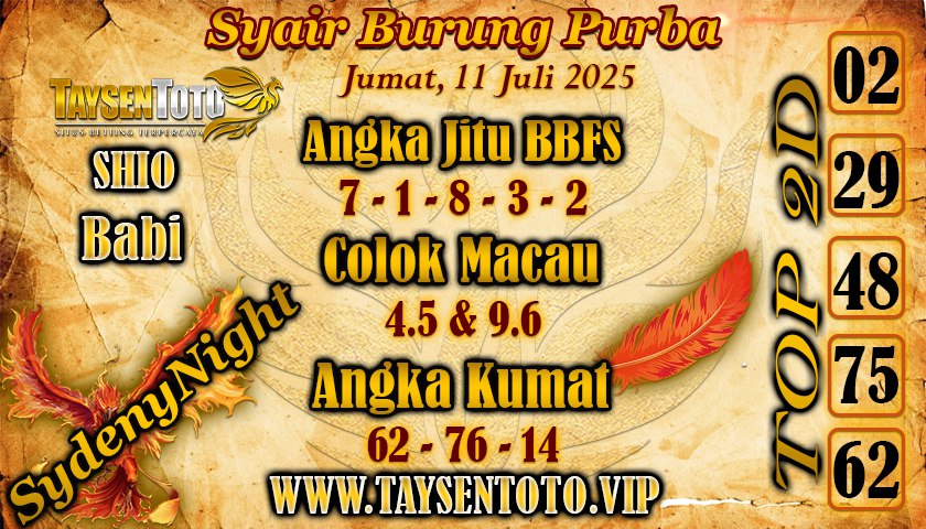 Syair Burung Purba SydneyNight Hari ini Jumat, 11 Juli 2025