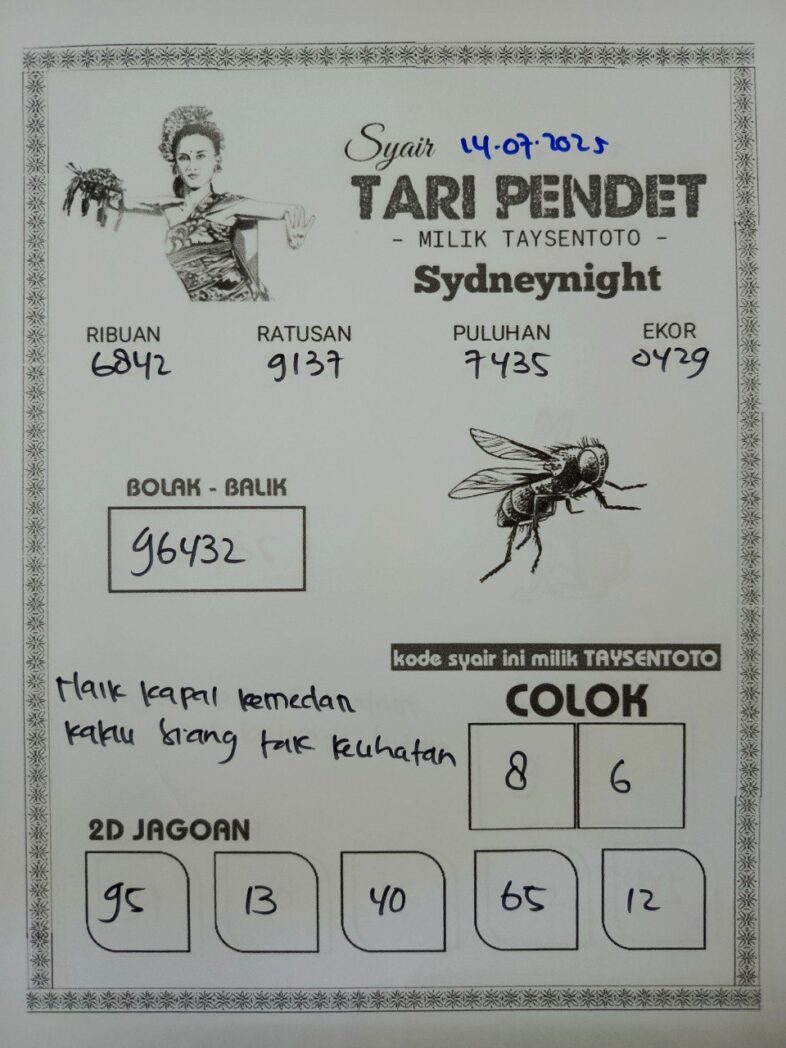 Syair Tari Pendet SydneyNight Hari ini Senin, 14 Juli 2025