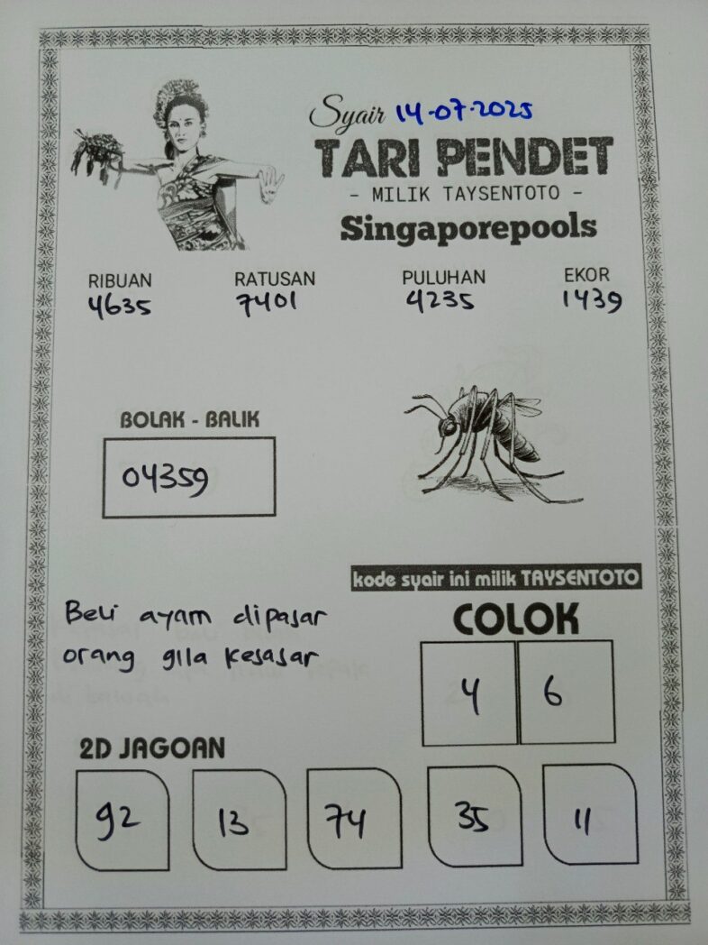 Syair Tari Pendet SGP Hari ini Senin, 14 Juli 2025