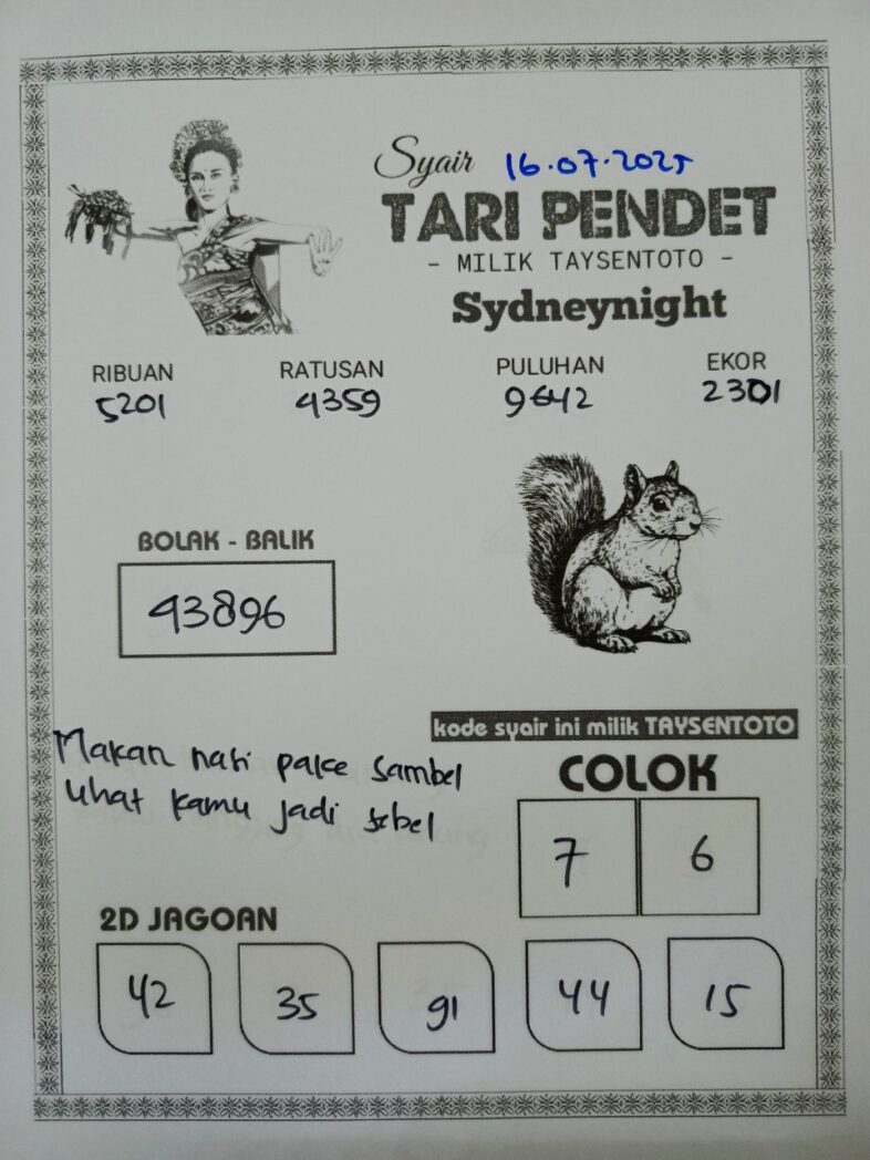 Syair Tari Pendet SydneyNight Hari ini Rabu, 16 Juli 2025