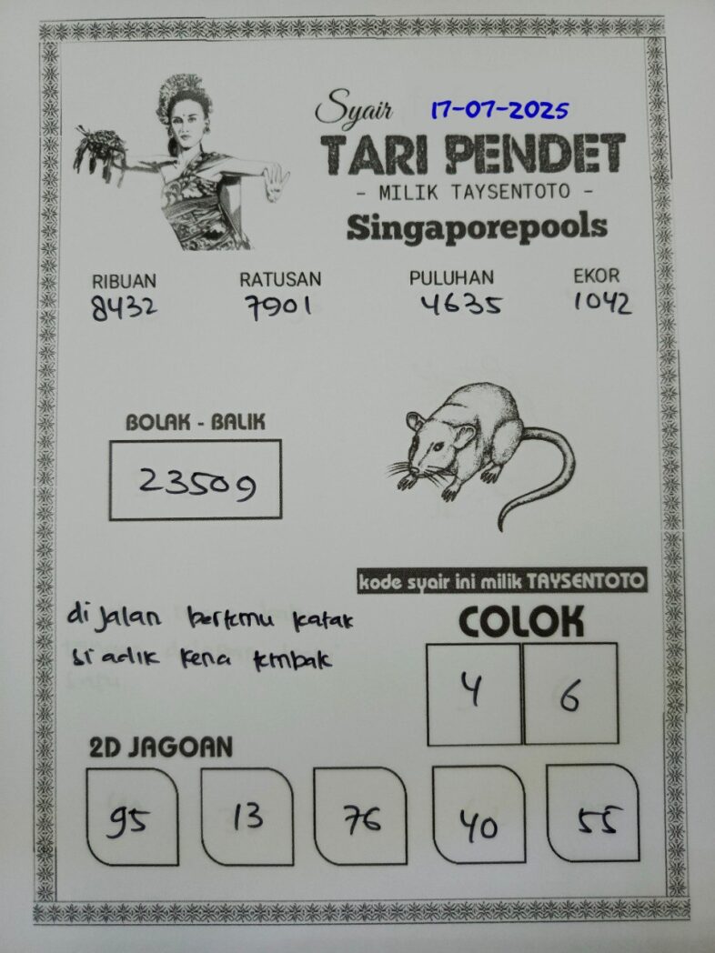 Syair Tari Pendet SGP Hari ini Kamis, 17 Juli 2025