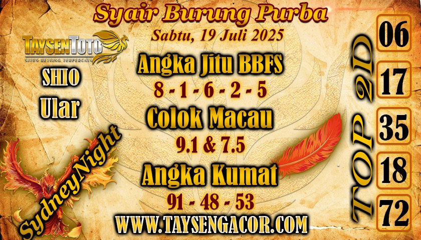 Syair Burung Purba SydneyNight Hari ini Sabtu, 19 Juli 2025