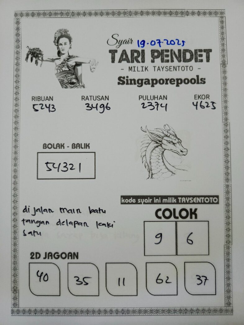 Syair Tari Pendet SGP Hari ini Sabtu, 19 Juli 2025