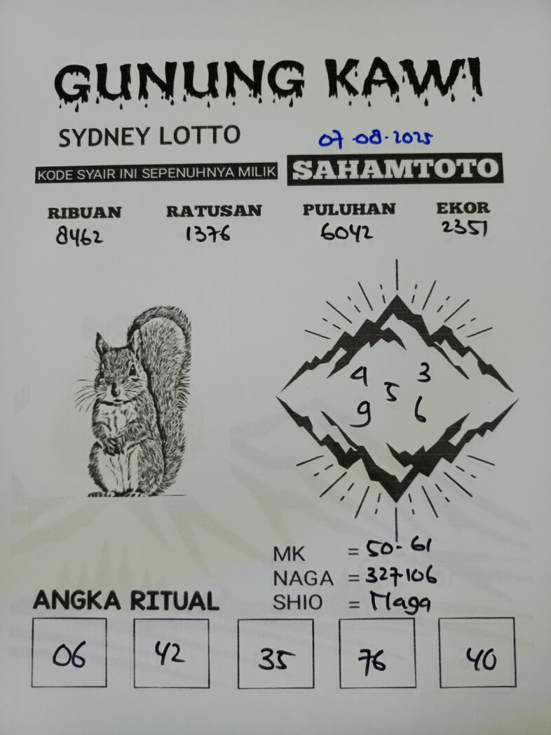 Syair Gunung Kawi SYDNEY LOTTO Hari ini Kamis 07 Agustus 2025