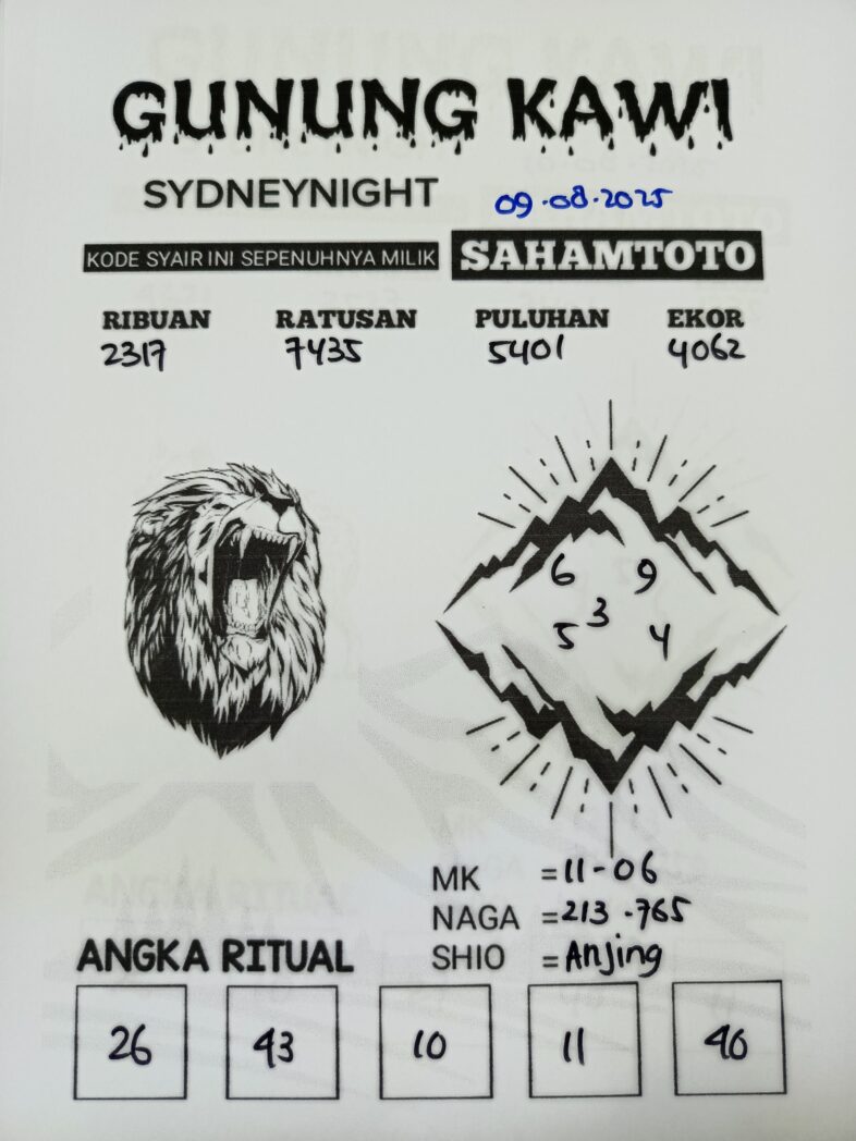 Syair Gunung Kawi SYDNEYNight Hari ini Sabtu 09 Agustus 2025