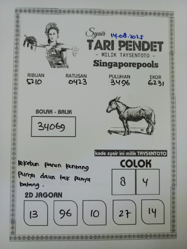 Syair Tari Pendet SGP Hari ini Kamis, 14 Agustus 2025