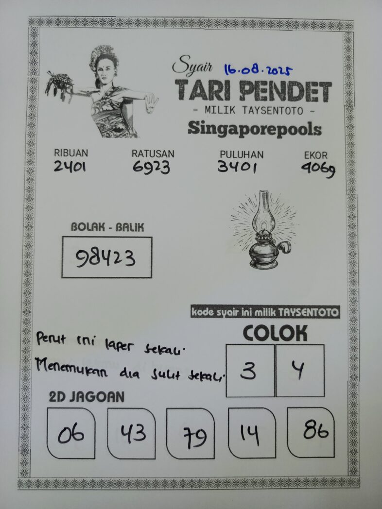 Syair Tari Pendet SGP Hari ini Sabtu, 16 Agustus 2025