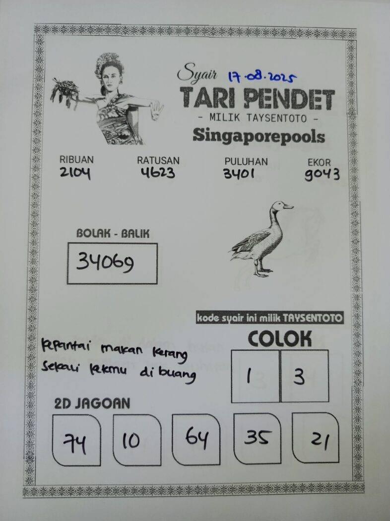 Syair Tari Pendet SGP Hari ini Minggu, 17 Agustus 2025