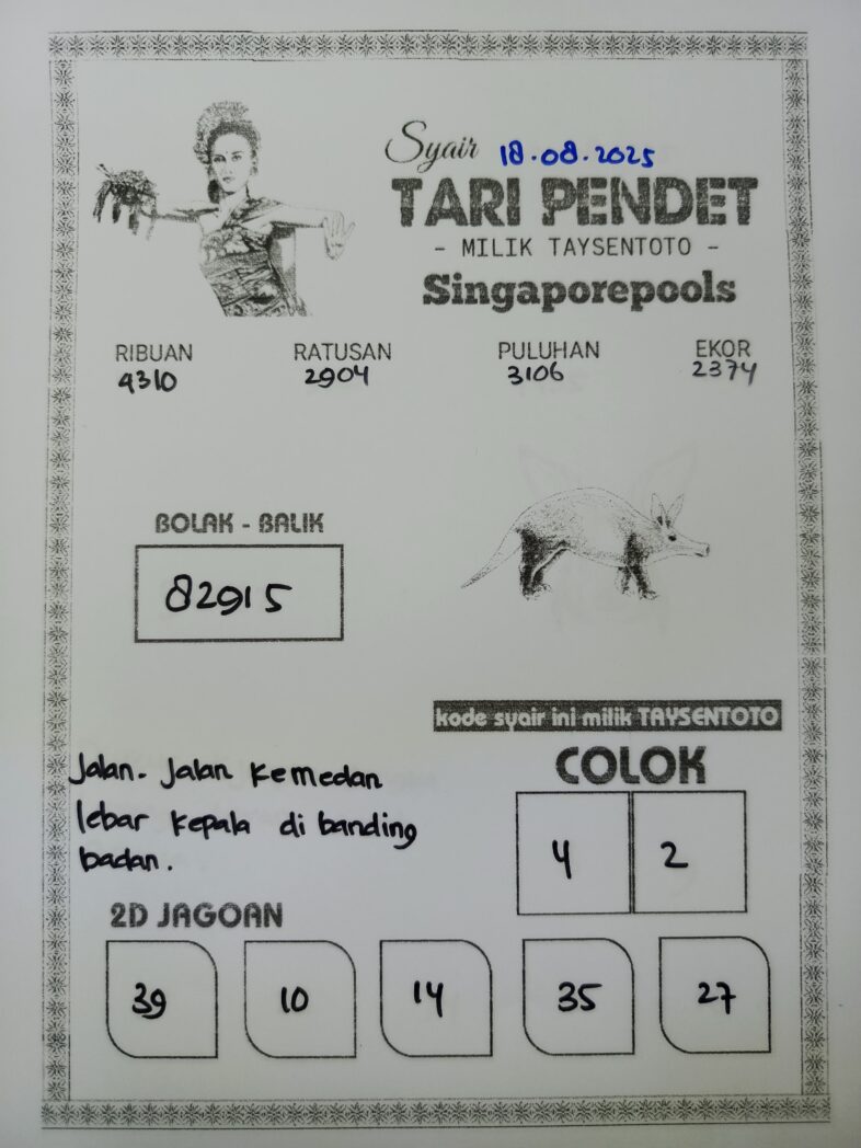 Syair Tari Pendet SGP Hari ini Senin, 18 Agustus 2025