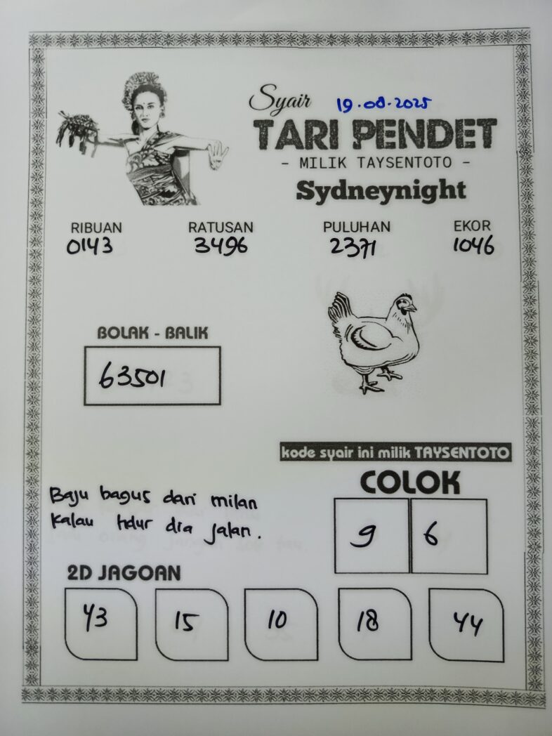 Syair Tari Pendet SydneyNight Hari ini Selasa, 19 Agustus 2025