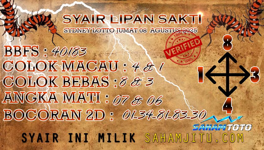 Syair Lipan Sakti SYDNEY LOTTO Hari ini Jumat 08 Agustus 2025
