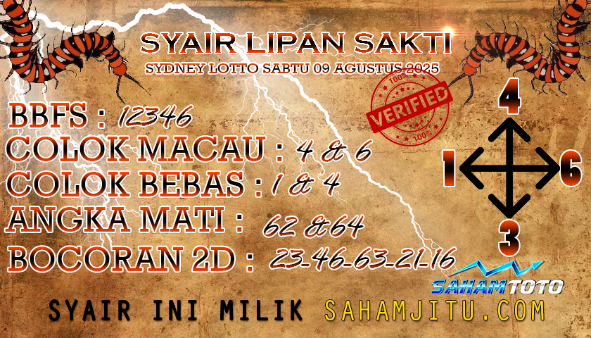 Syair Lipan Sakti SYDNEY LOTTO Hari ini Sabtu 09 Agustus 2025