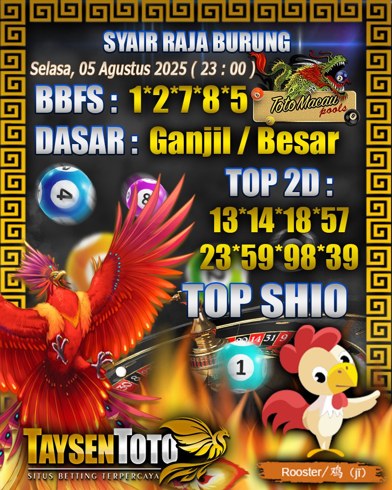 Syair Raja Burung Toto Macau Hari, Selasa, 05 Agustus 2025| 23 : 00 WIB