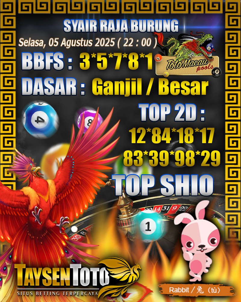 Syair Raja Burung Toto Macau Hari, Selasa, 05 Agustus 2025| 22 : 00 WIB