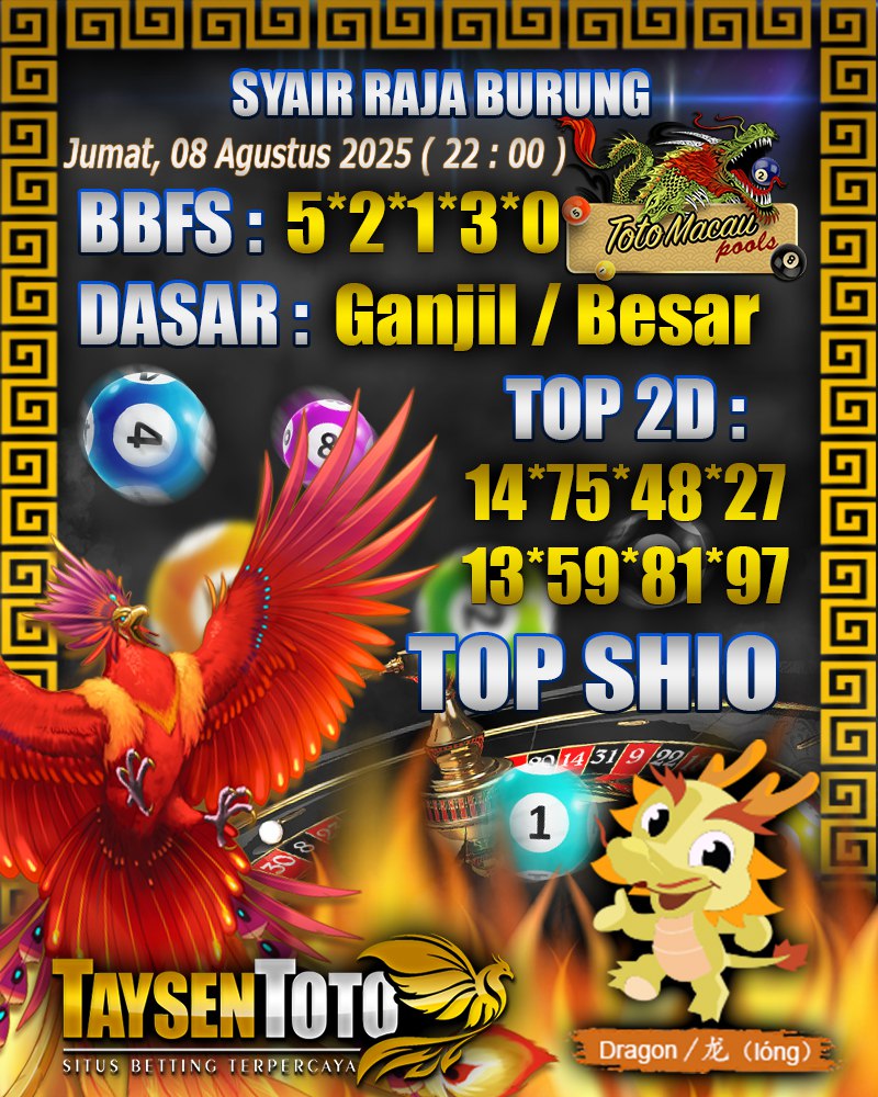 Syair Raja Burung Toto Macau Hari, Jumat, 08 Agustus 2025| 19 : 00 WIB