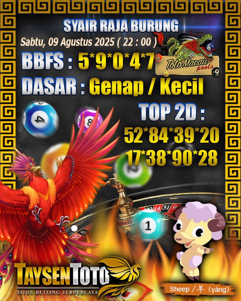 Syair Raja Burung Toto Macau Hari, Sabtu, 09 Agustus 2025| 22 : 00 WIB