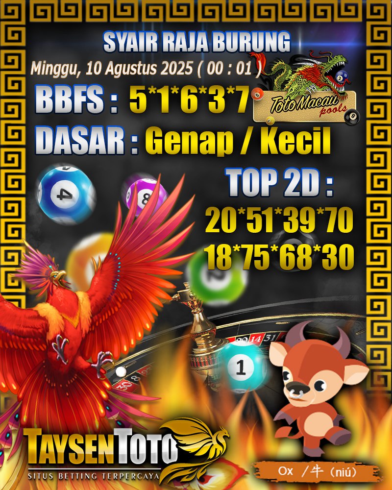 Syair Raja Burung Toto Macau Hari, Minggu, 10 Agustus 2025| 00 : 01 WIB