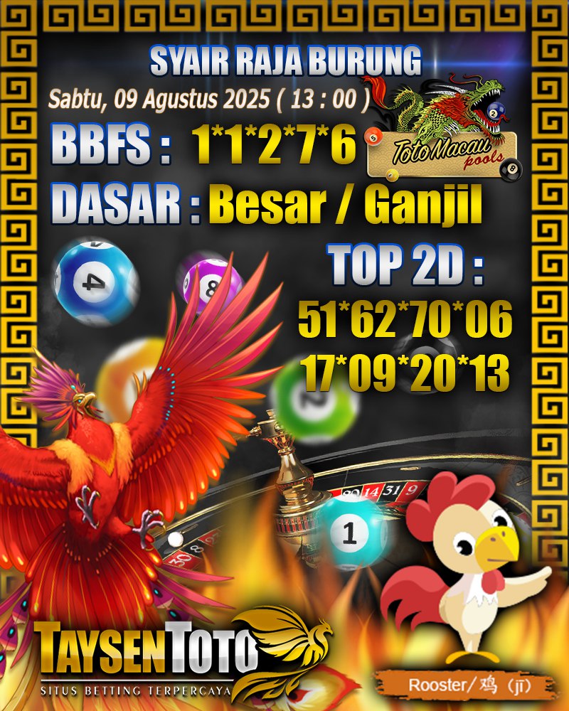 Syair Raja Burung Toto Macau Hari, Sabtu, 09 Agustus 2025| 13 : 00 WIB