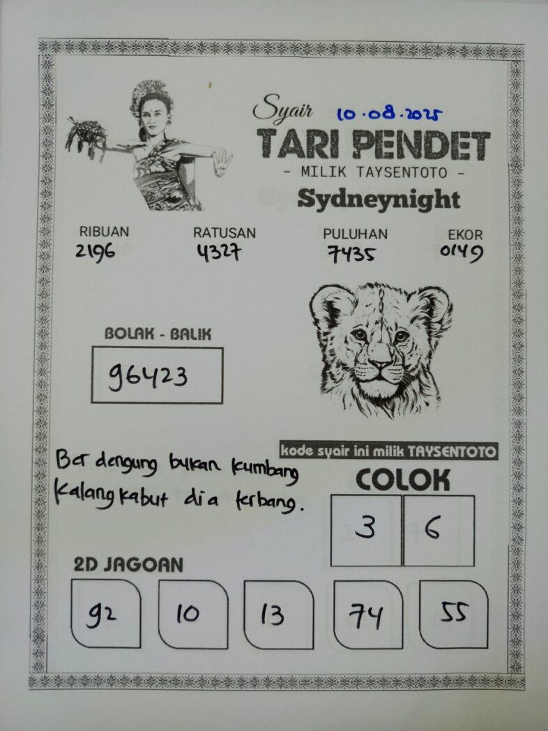 Syair Tari Pendet SydneyNight Hari ini Minggu, 10 Agustus 2025