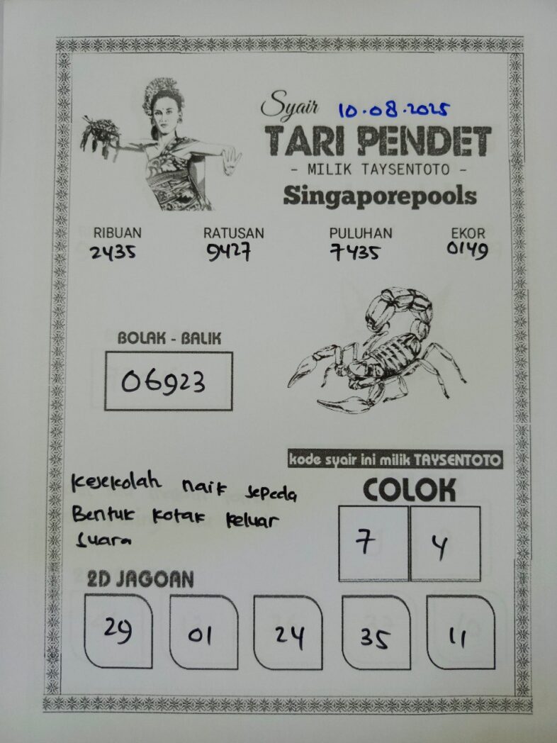 Syair Tari Pendet SGP Hari ini Minggu, 10 Agustus 2025