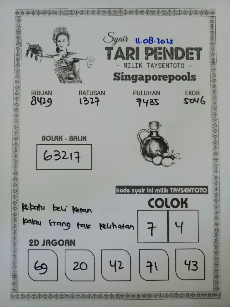 Syair Tari Pendet SGP Hari ini Senin, 11 Agustus 2025