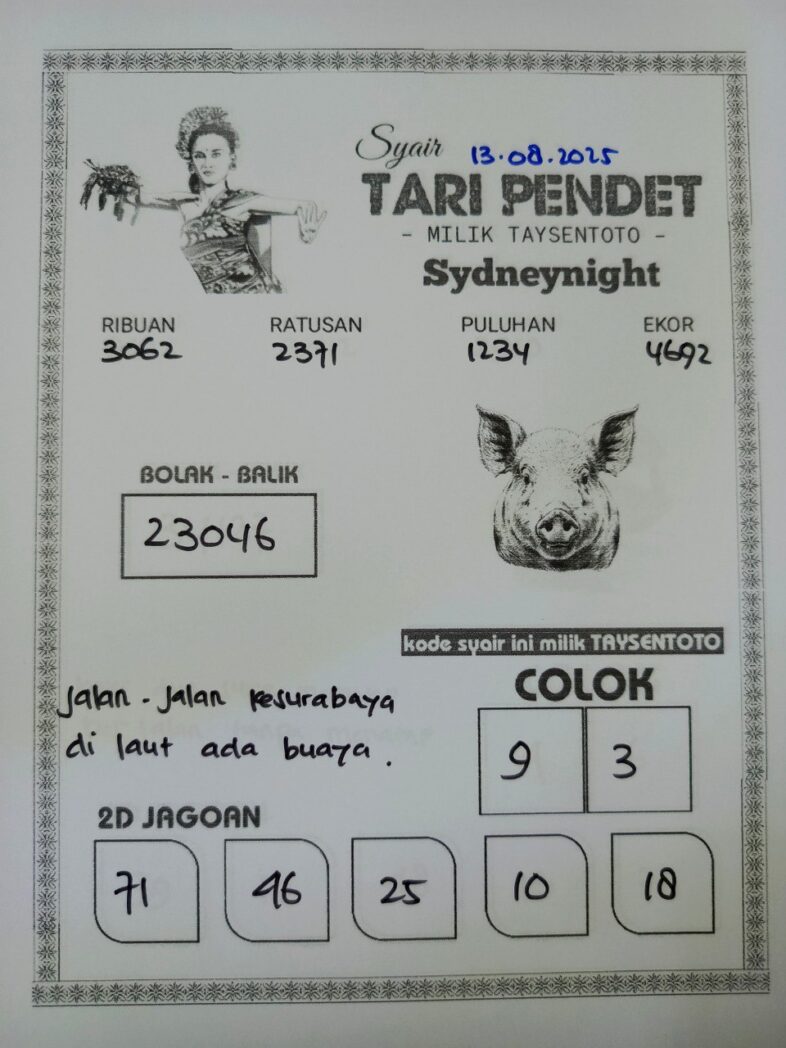 Syair Tari Pendet SydneyNight Hari ini Rabu, 13 Agustus 2025