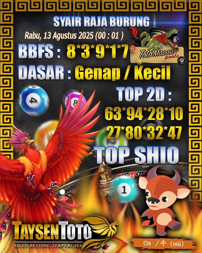 Syair Raja Burung Toto Macau Hari, Rabu, 13 Agustus 2025| 00 : 01 WIB