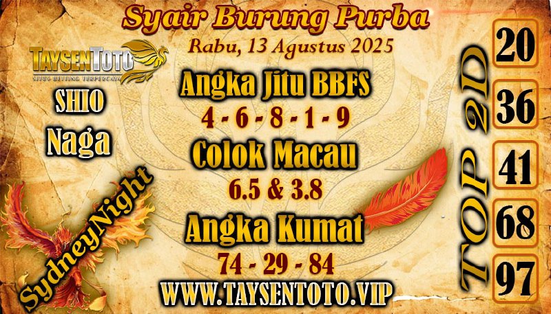 Syair Burung Purba SydneyNight Hari ini Rabu, 13 Agustus 2025