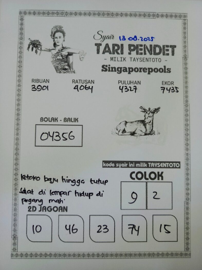 Syair Tari Pendet SGP Hari ini Rabu, 13 Agustus 2025