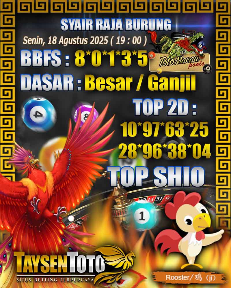 Syair Raja Burung Toto Macau Hari, Senin, 18 Agustus 2025| 19 : 00 WIB