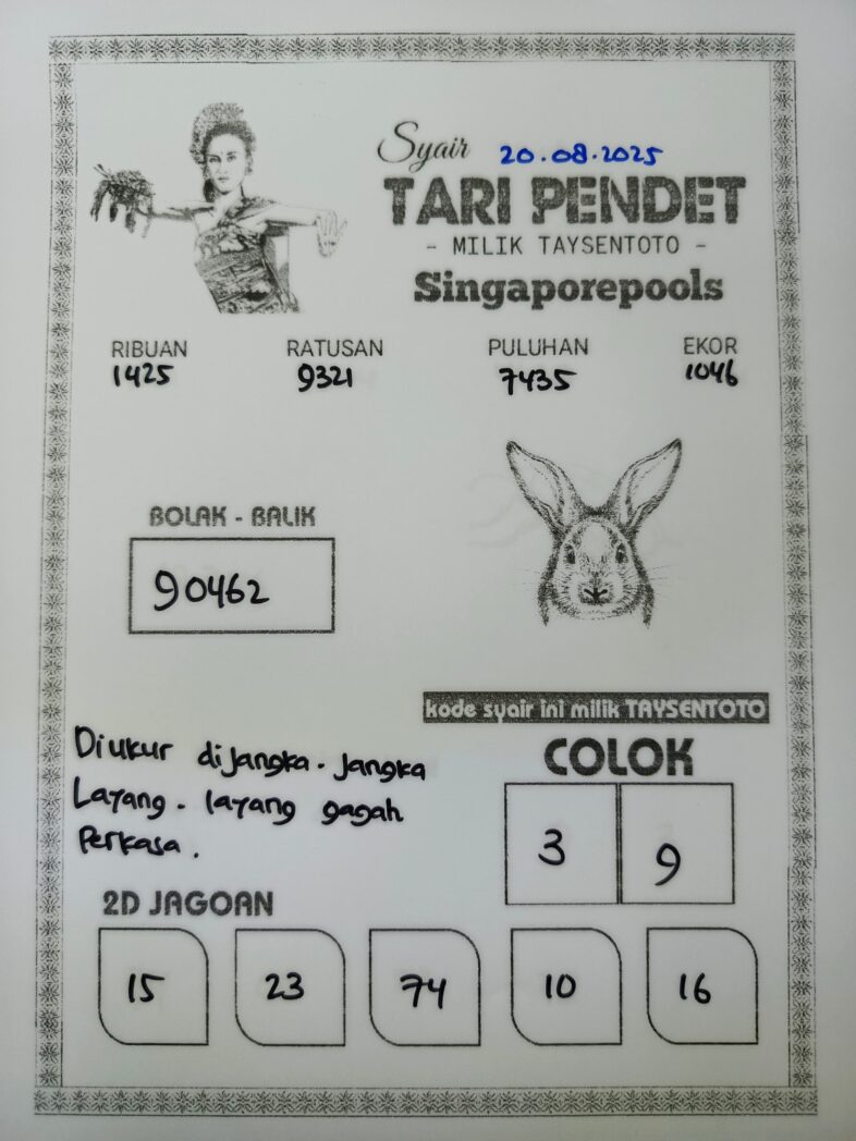 Syair Tari Pendet SGP Hari ini Rabu, 20 Agustus 2025