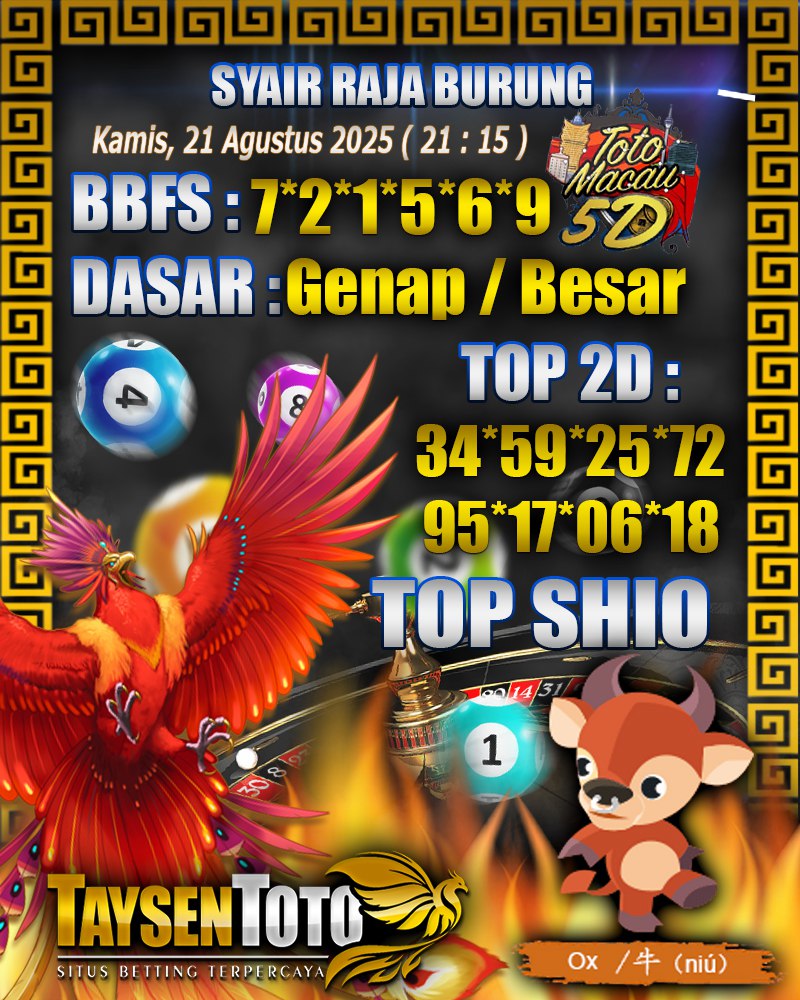 Syair Raja Burung Toto Macau 5D Hari Ini Kamis, 21 Agustus 2025 | 21 : 15 WIB