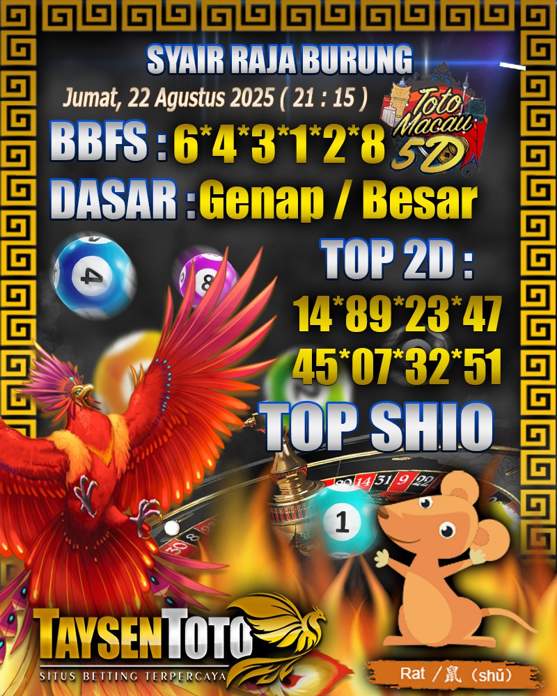 Syair Raja Burung Toto Macau 5D Hari Ini Jumat, 22 Agustus 2025 | 21 : 15 WIB