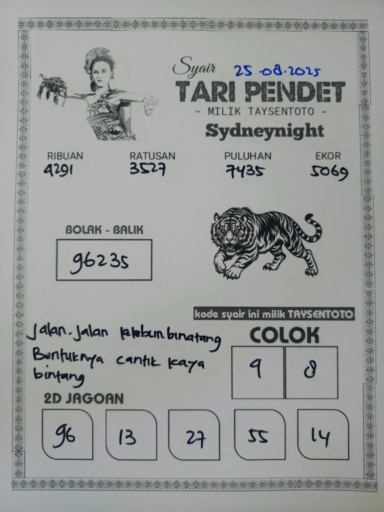 Syair Tari Pendet SydneyNight Hari ini Senin, 25 Agustus 2025