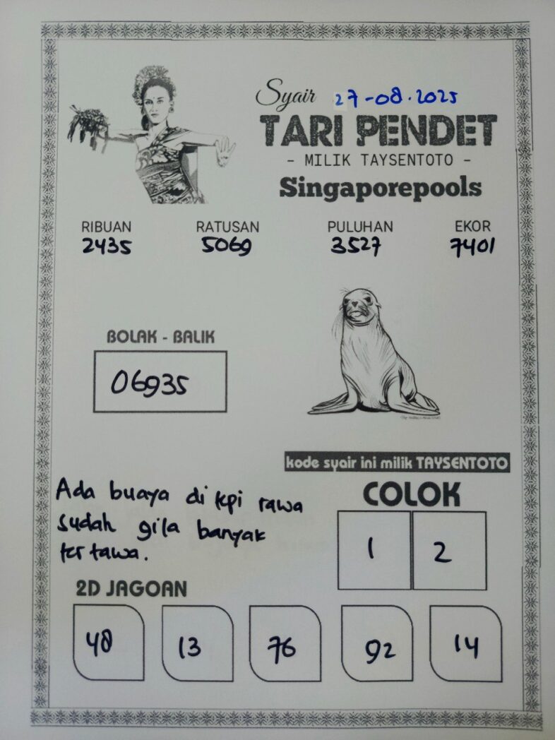 Syair Tari Pendet SGP Hari ini Rabu, 27 Agustus 2025