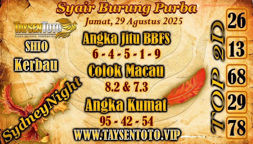 Syair Burung Purba SydneyNight Hari ini Jumat, 29 Agustus 2025