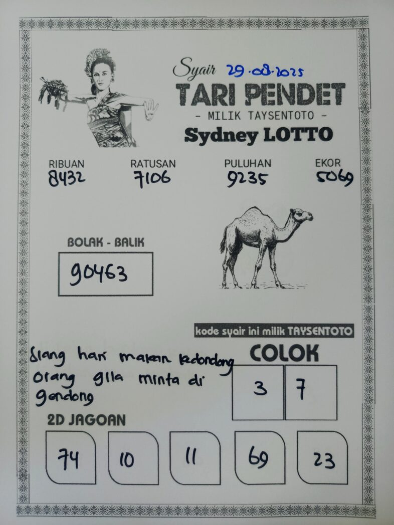 Syair Tari Pendet Sydney Hari ini Jumat, 29 Agustus 2025