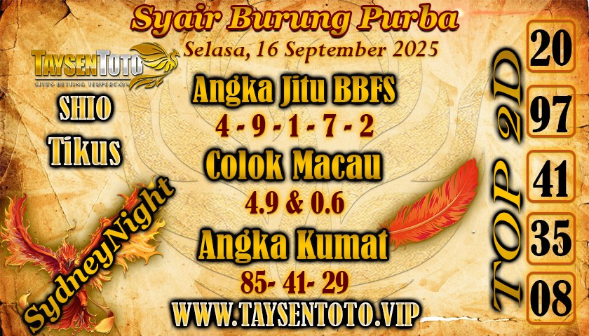 Syair Burung Purba SydneyNight Hari ini Selasa, 16 September 2025