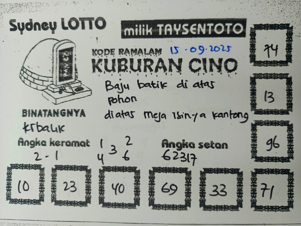 Syair Kuburan Cino Sydney Hari ini Senin, 15 September 2025