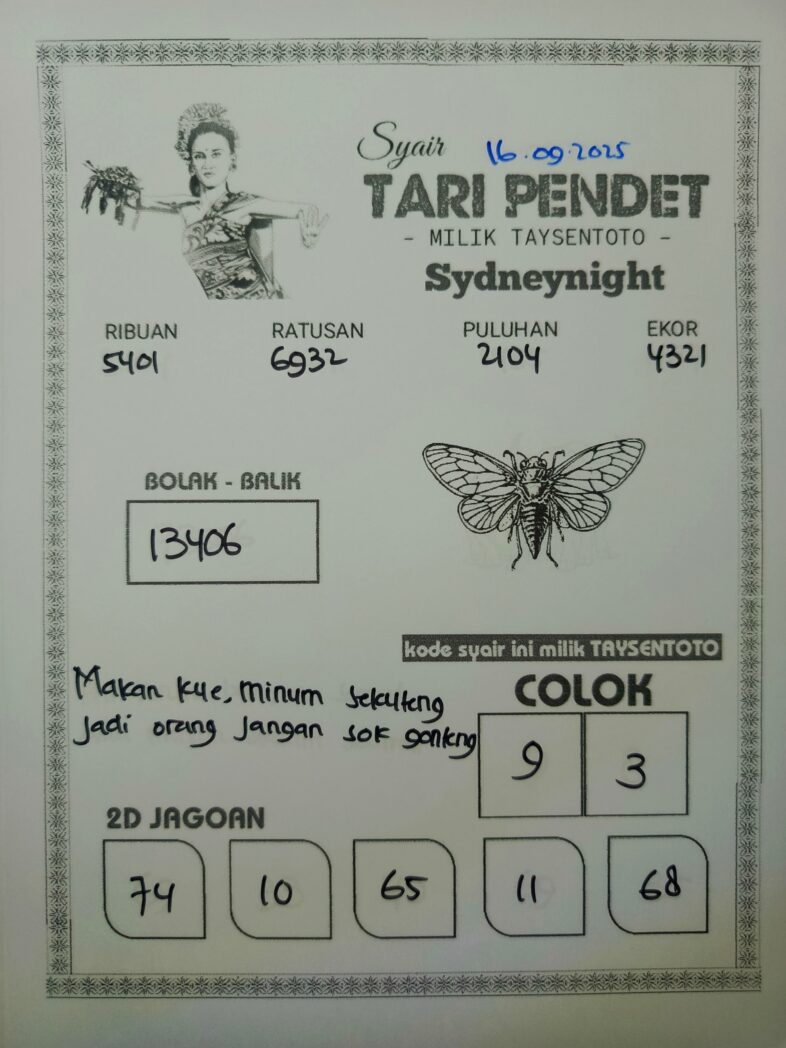 Syair Tari Pendet SydneyNight Hari ini Senin, 15 September 2025