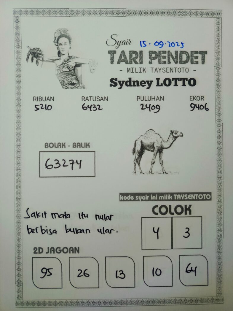 Syair Tari Pendet Sydney Hari ini Senin, 15 September 2025