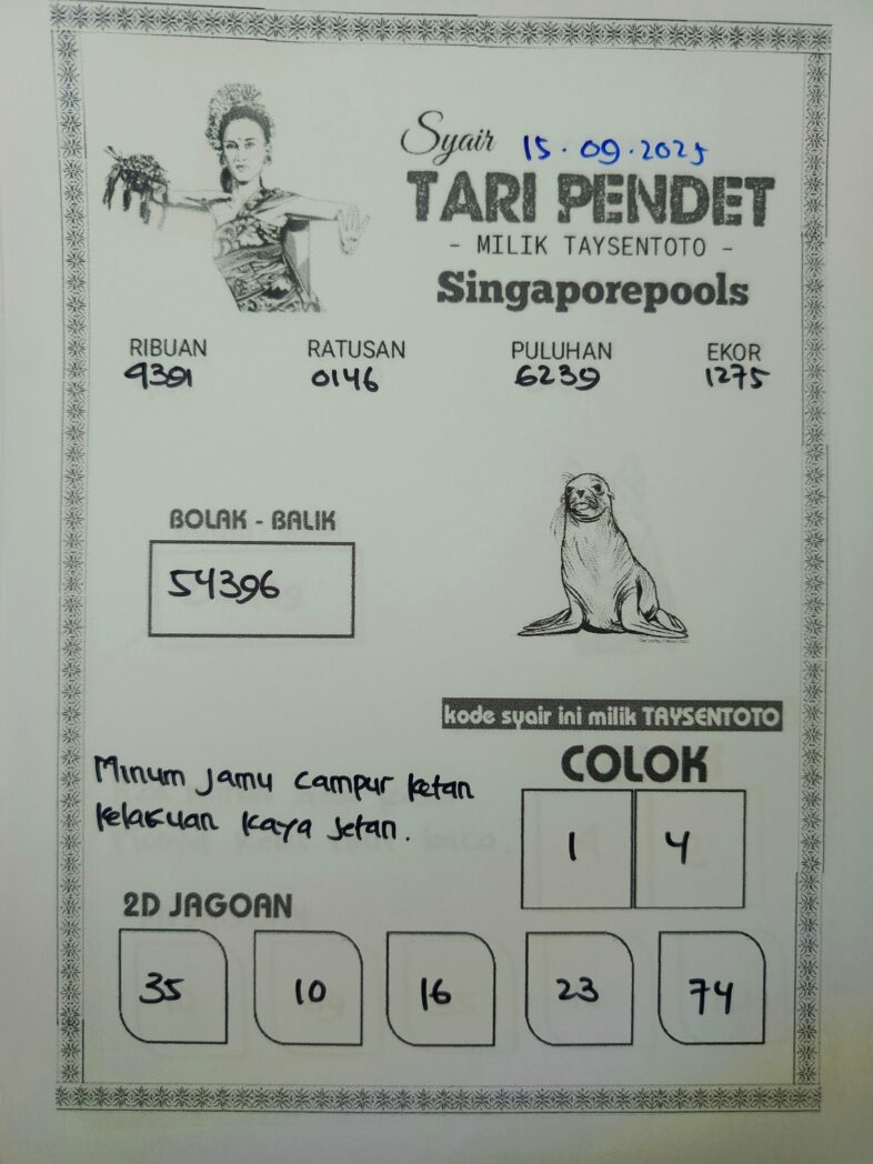 Syair Tari Pendet SGP Hari ini Senin, 15 September 2025