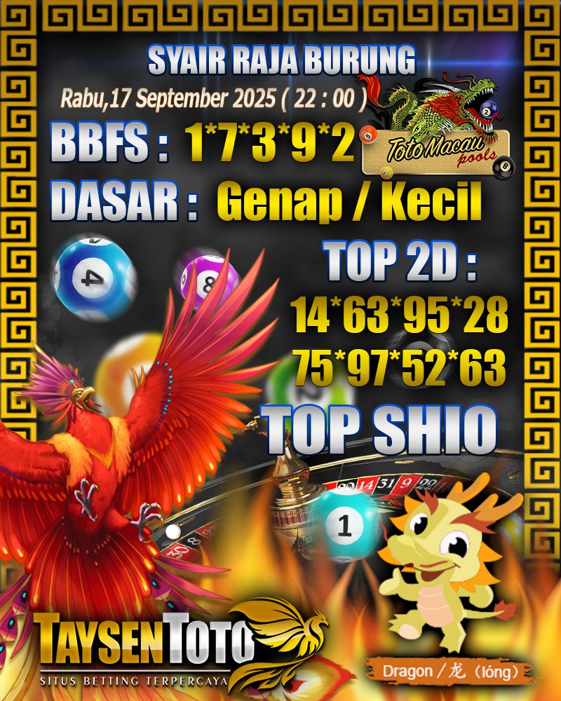 Syair Raja Burung Toto Macau Hari Rabu, 17 September 2025| 22 : 00 WIB