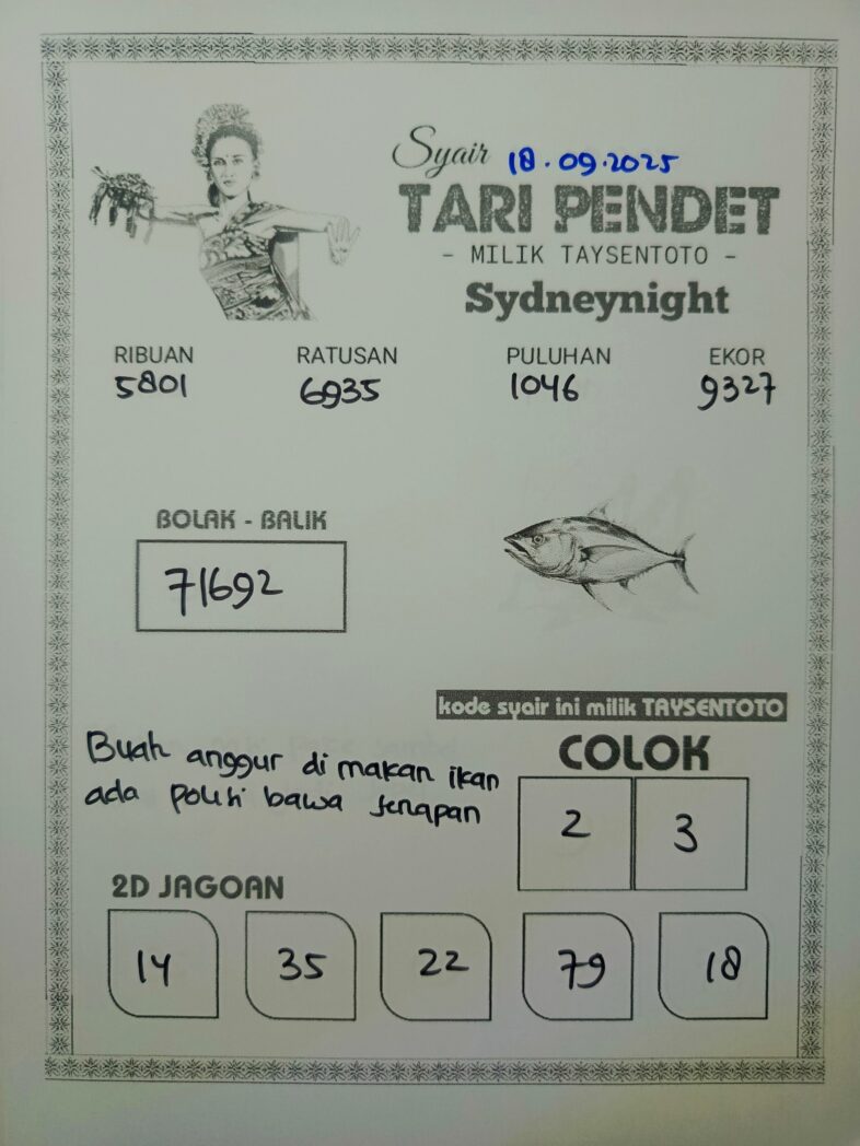Syair Tari Pendet SydneyNight Hari ini Jumat, 19 September 2025