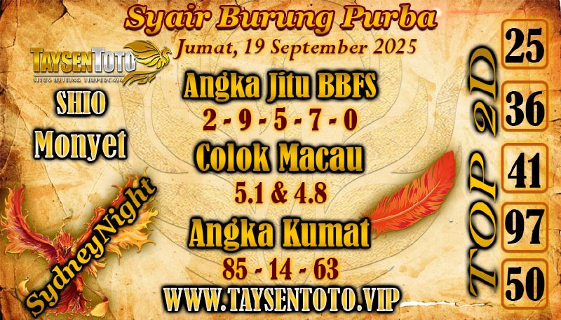 Syair Burung Purba SydneyNight Hari ini Jumat, 19 September 2025