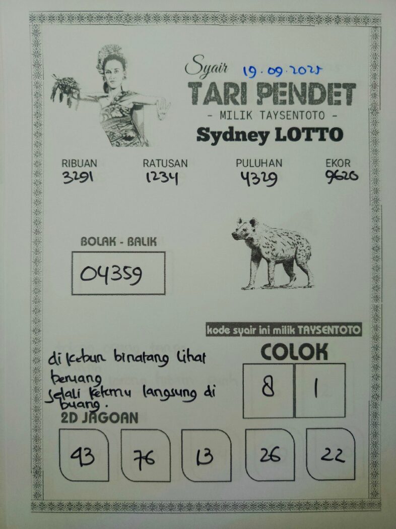 Syair Tari Pendet Sydney Hari ini Jumat, 19 September 2025