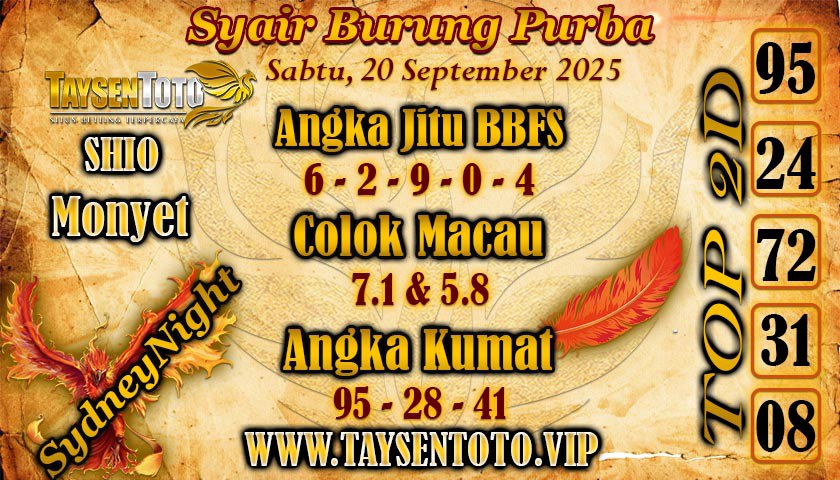 Syair Burung Purba SydneyNight Hari ini Sabtu, 20 September 2025