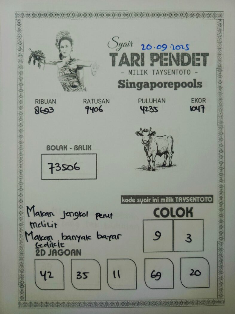 Syair Tari Pendet SGP Hari ini Sabtu, 20 September 2025