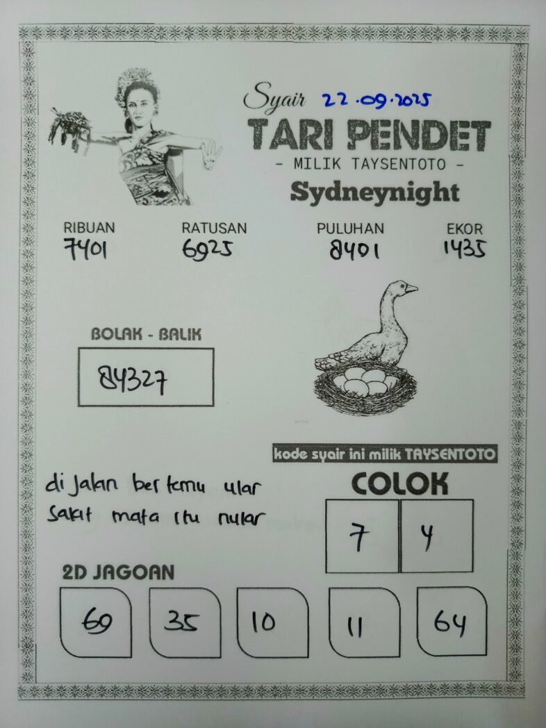 Syair Tari Pendet SydneyNight Hari ini Senin, 22 September 2025