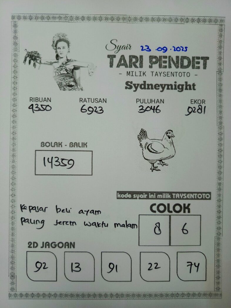 Syair Tari Pendet SydneyNight Hari ini Selasa, 23 September 2025